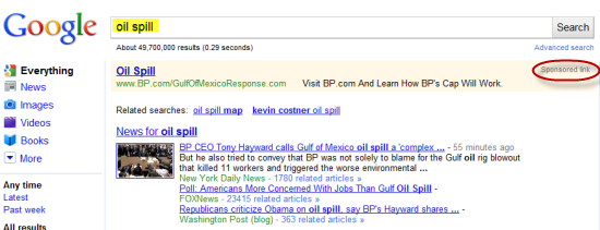 BP's Sponsored Oil Spill Google Result